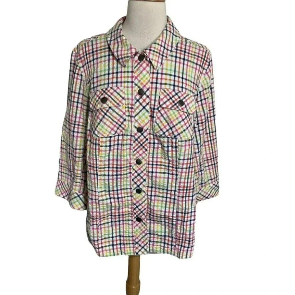 CJ Banks Button Down Shirt X Multicolor Plaid Seersucker 3/4 Sleeve Pocket